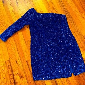 LOVEJOY One-Shoulder Blue Sequened Dress